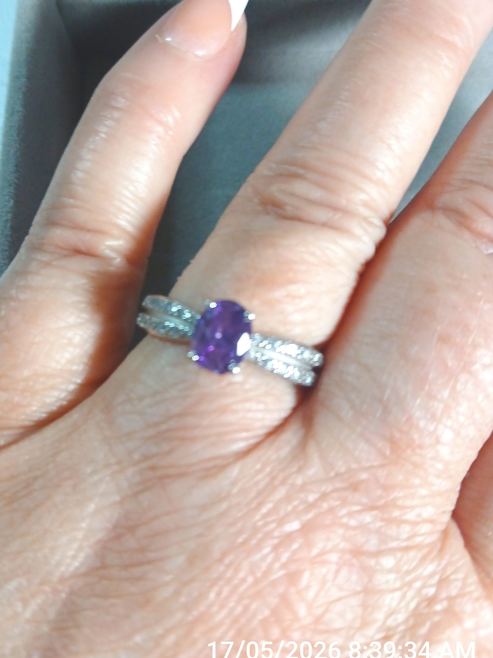 Sterling Silver Purple Gemstone Ring with Pavé Accent Band - Picture 5 of 5